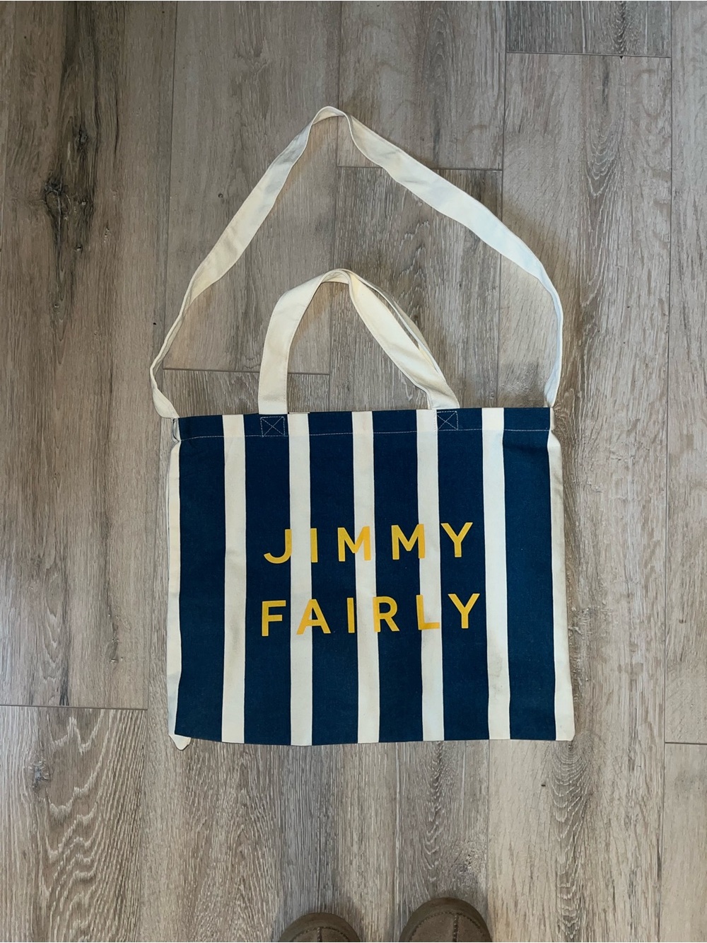 Jimmy Fairly slate blue & Cream Striped Tote with Yellow Logo new